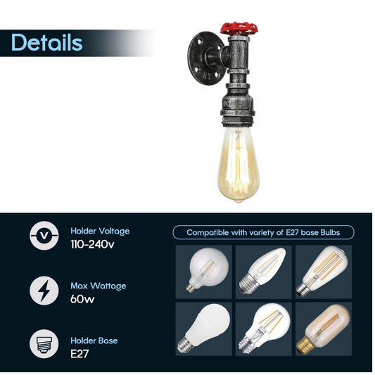 Steampunk Water Pipe Wall Light with Red Valve – E27 - photo 2