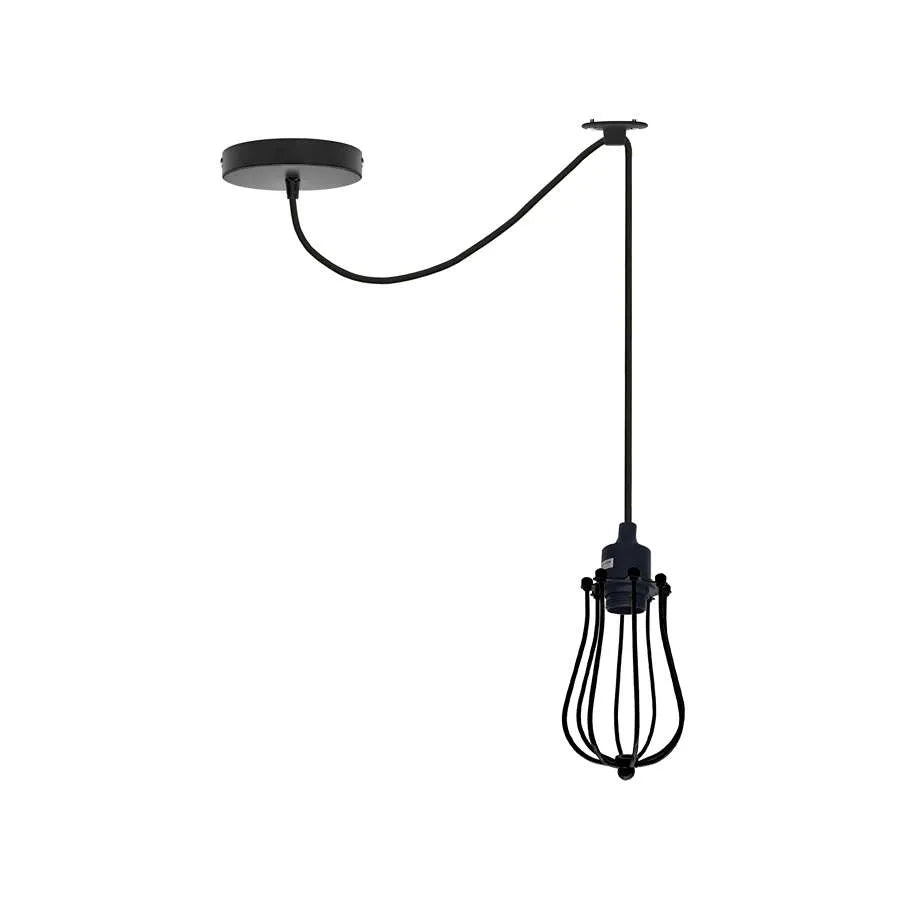 Silicone Swag Pendant Light – 1 m Fabric Cable, E27, 8 Colours - T130 LED Bulb 4W, Black, Round Cage Black