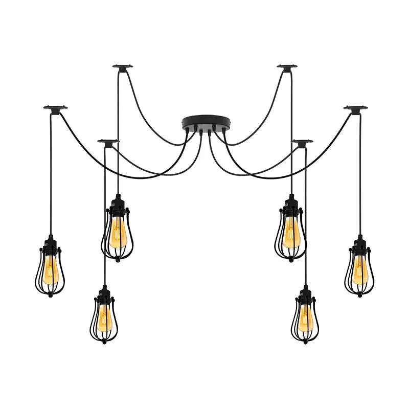 6 Light DIY Spider Pendant – 195 cm Cables, Bare or Caged, E27 - Black, Round Cage Black, With 6 T130 LED Bulbs