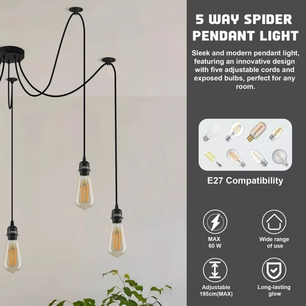 5 Light Spider Pendant – 195 cm Swag Cables, Black, E27 - photo 4