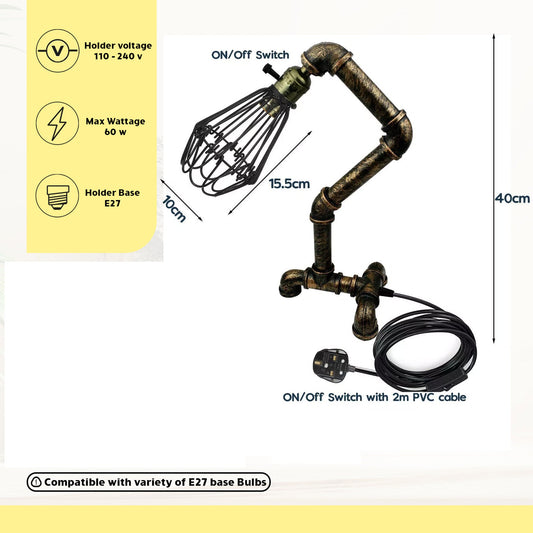Steampunk Water Pipe Table Lamp with Wire Cage E27 - photo 2