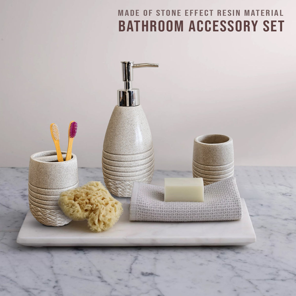 Ribbed Stone-Effect Bathroom Set – Dispenser, Tumbler & Toothbrush Holder, Beige - photo 6