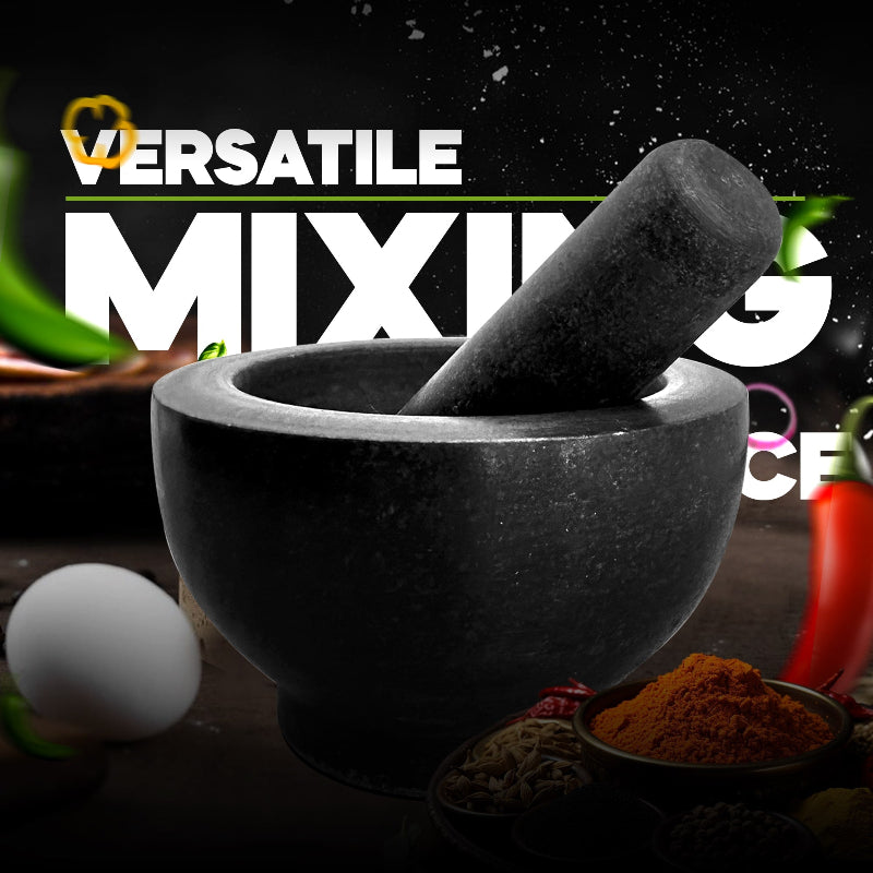 Mortar and pestle with spices and text overlay on a dark background