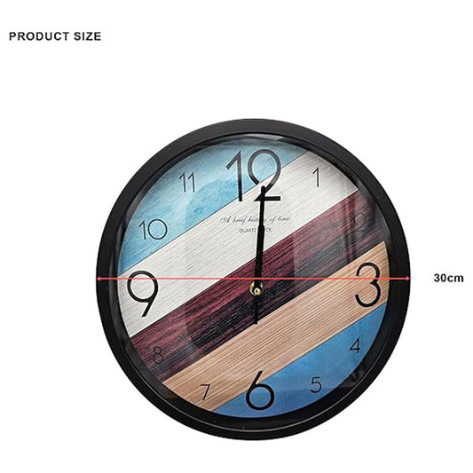 Striped Round Wall Clock – 30 cm, Black Frame, Blue, Burgundy & Wood Effect - photo 2