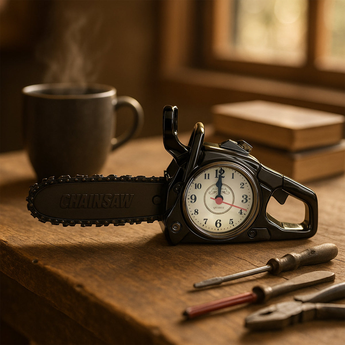 Chainsaw Alarm Clock – Novelty Desk Clock, Shiny Black or French Gold - photo 2