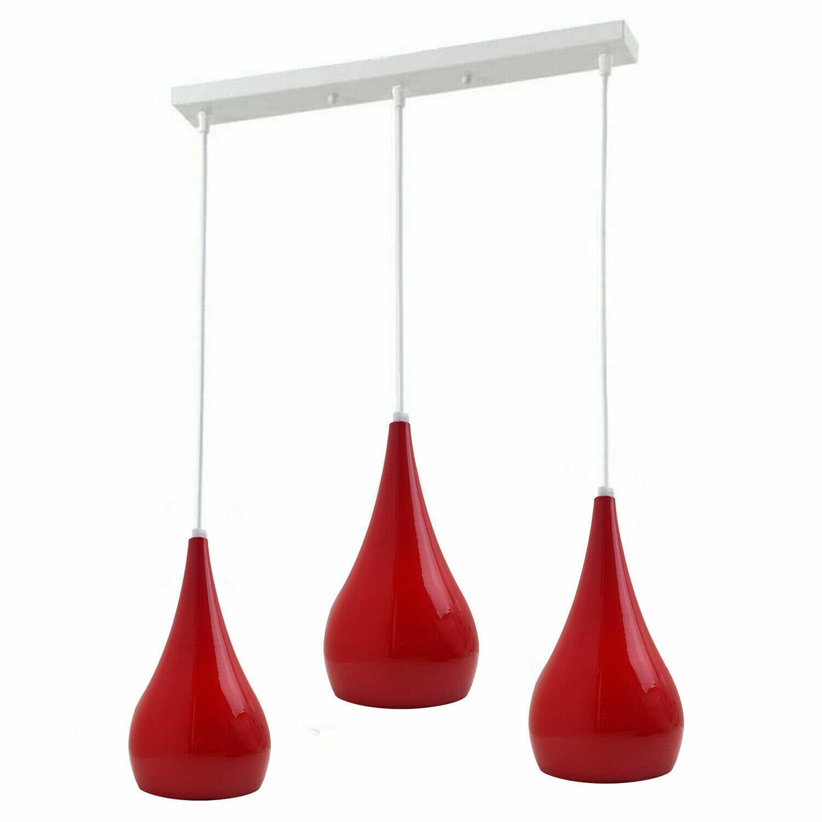3 Light Teardrop Cluster Pendant – White Canopy, 7 Colours, E27 - Standard, Red Teardrops, Straight Bar, Without Bulb