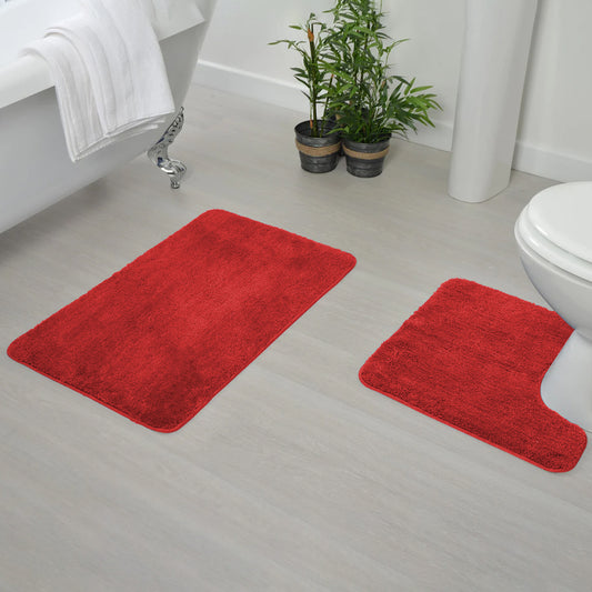 2 piece red bath mat set with non-slip bottom