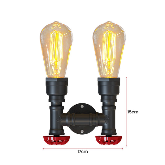 Twin Water Pipe Wall Light with Red Valves – Black or Copper, 2 x E27 - photo 2
