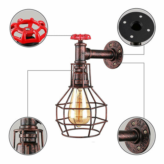 Water Pipe Wall Light with Cage and Red Valve – E27 - photo 2
