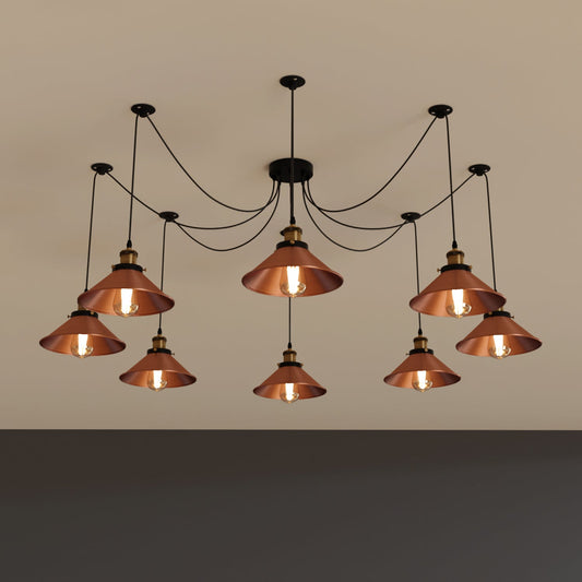8-Light Spider Pendant – Flat Cone Shades, Black or Copper, E27 - Copper, Flat Cone 22 cm Copper, Without Bulb