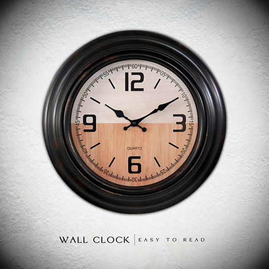 Retro Round Wall Clock – 35 cm, Black Frame, Two-Tone Wood-Effect Dial - photo 2