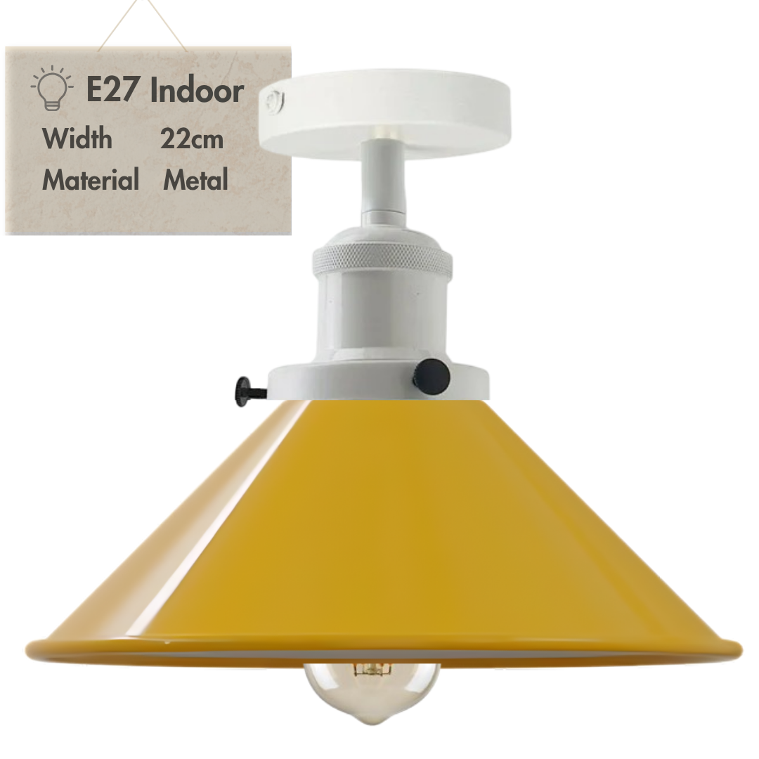 Flush Mount Cone Ceiling Light 22 cm – E27, 20 Shade Colours - White, Flat Cone 22 cm Yellow, Without Bulb