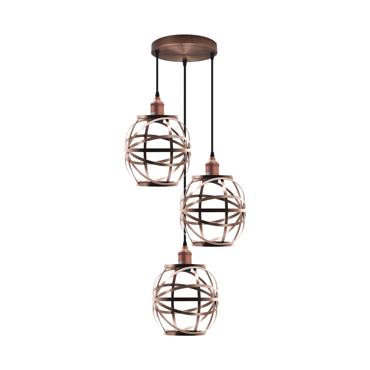 3-Light Pendant Cluster – Rose Gold Cones or Metal Cages - Copper, Globe Cage Copper, Round Plate, Without Bulb