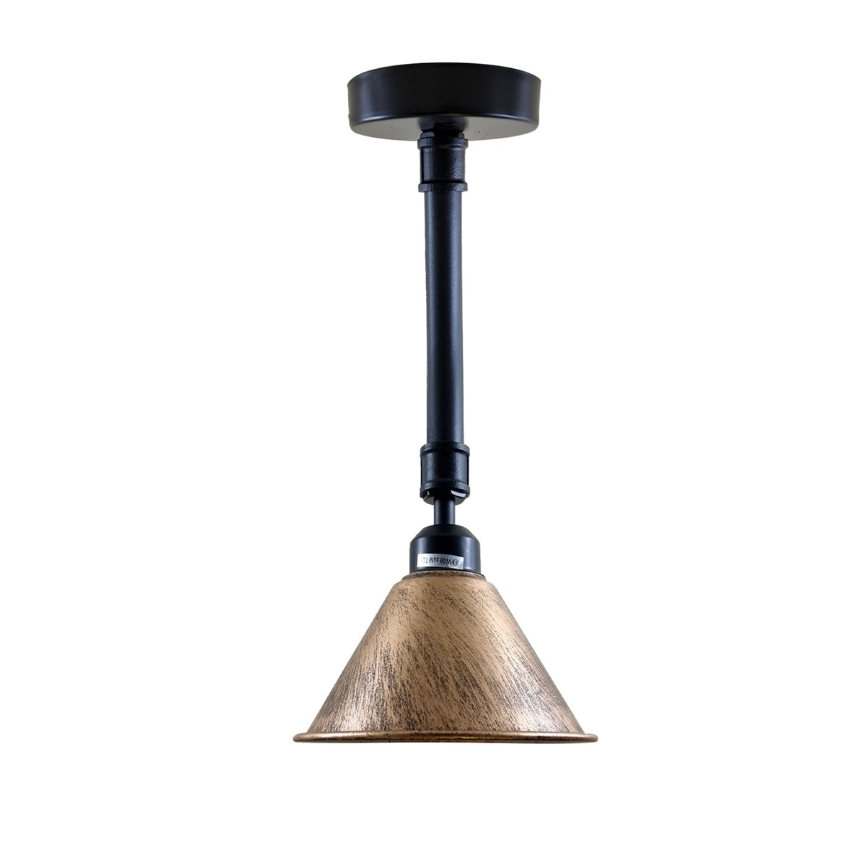 Industrial Short Pipe Ceiling Light – Dome, Cone or Barn Shade - Black, Small Cone 18 cm Brushed Copper, 20 cm Pipe, Without Bulb