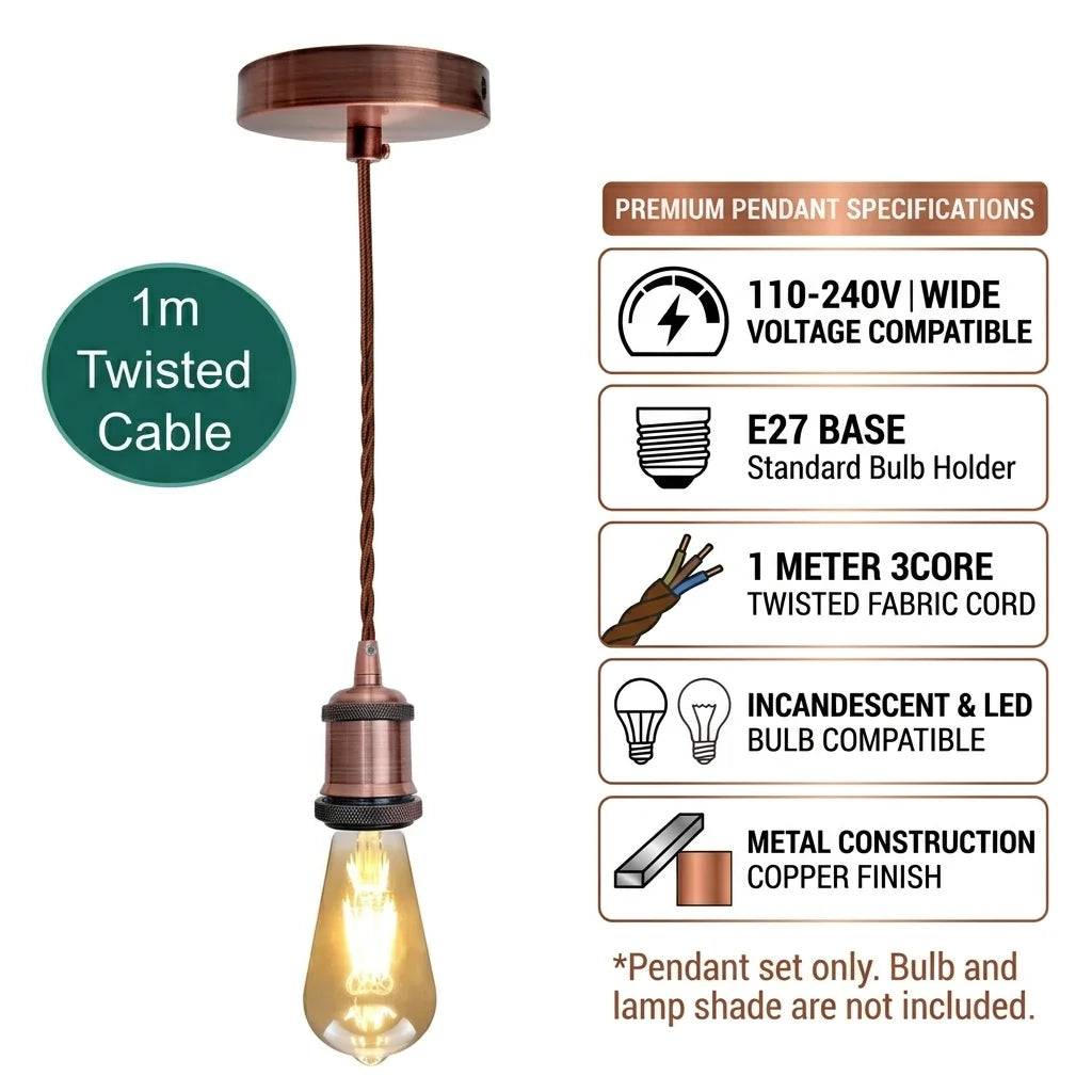 Rose Gold Pendant Light Set – Twisted Cable, Cone or Dome Shade - Rose Gold, No Shade, Without Bulb
