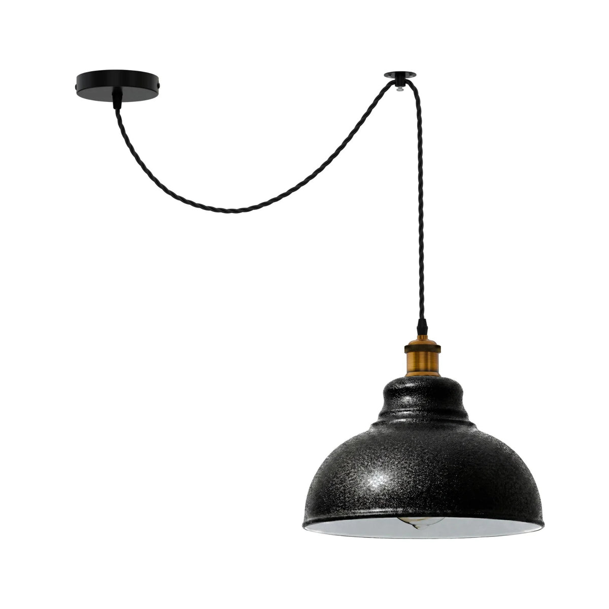 Swag Pendant Light – 2 m Twisted Cable, Ceiling Hook, Curvy Dome or Bulb - Yellow Brass, Curvy 29 cm Black & White Inner