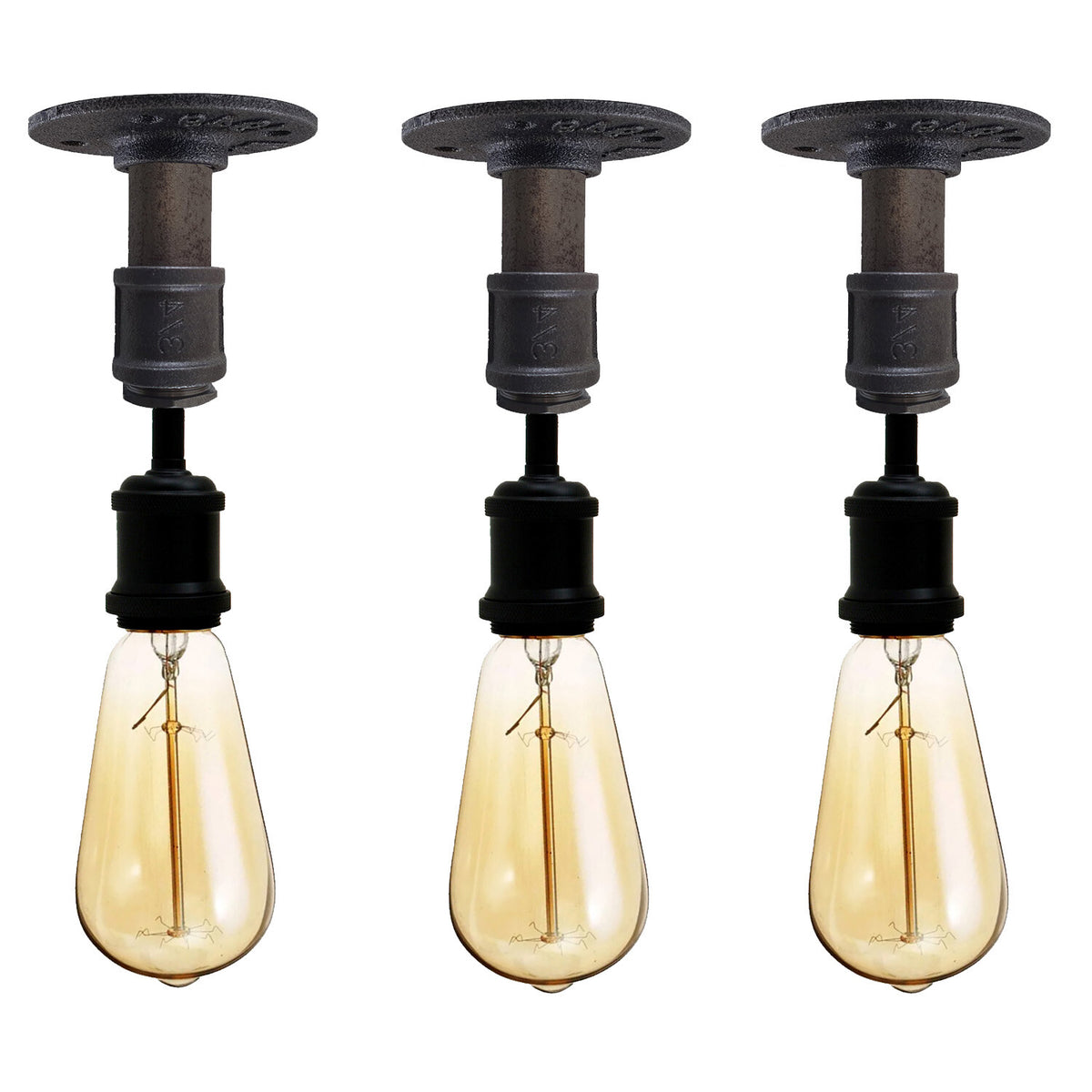 Steampunk Pipe Light Fitting – Wall or Ceiling, Rustic, E27 - Standard, Pack of 3, Without Bulb