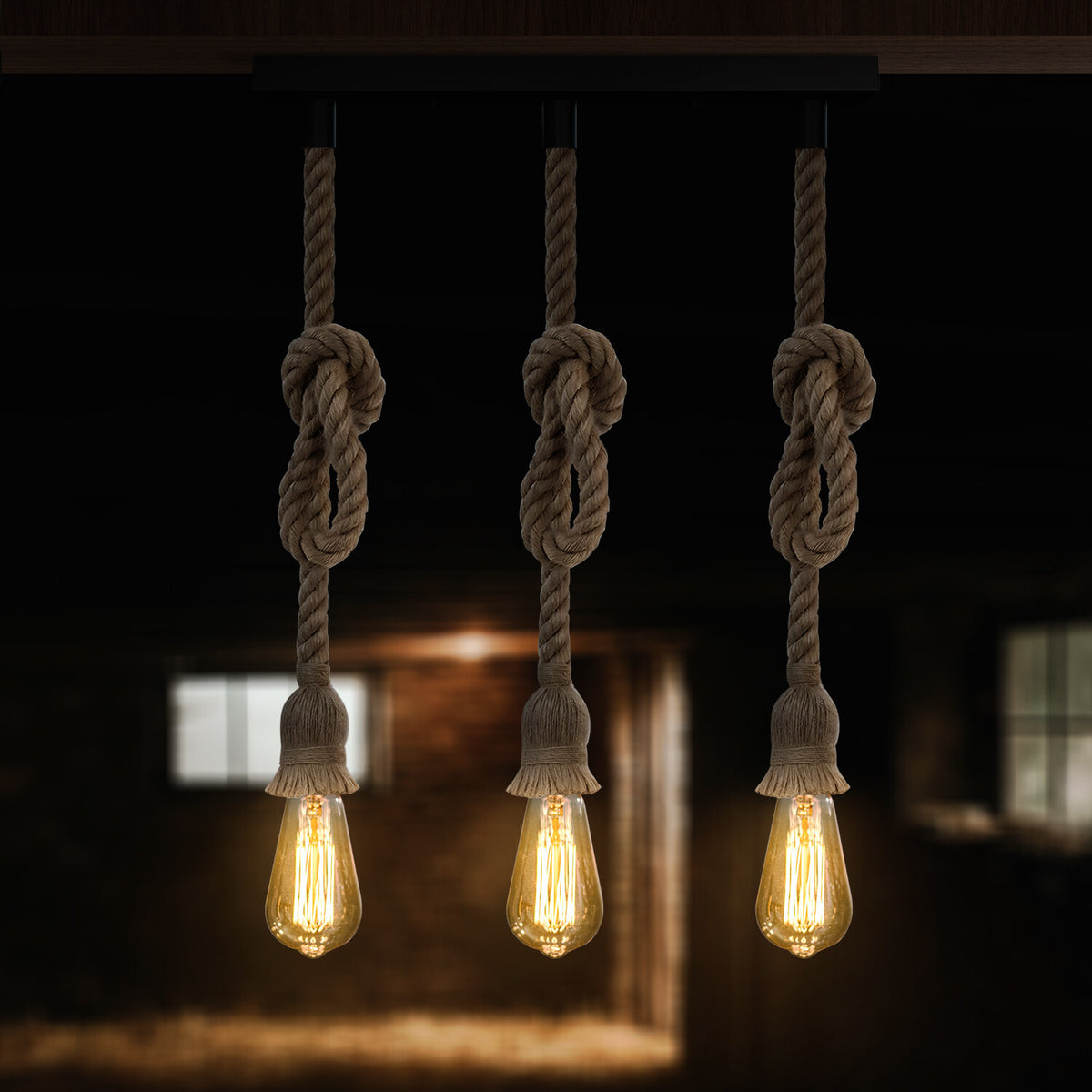 3-Light Hemp Rope Pendant on Ceiling Bar – E27 - Hemp, Hemp Rope, 3 x ST64 LED Bulb 4W
