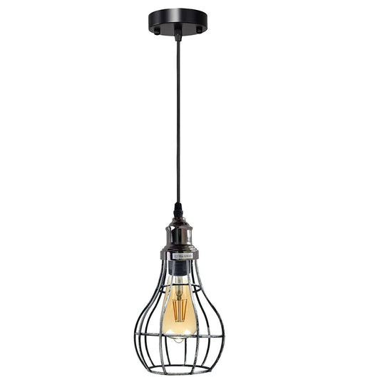 Vintage Pendant Light – E27 Holder in 6 Finishes, 60+ Shades & Cages - Shiny Black, Balloon Cage Brushed Silver, Without Bulb