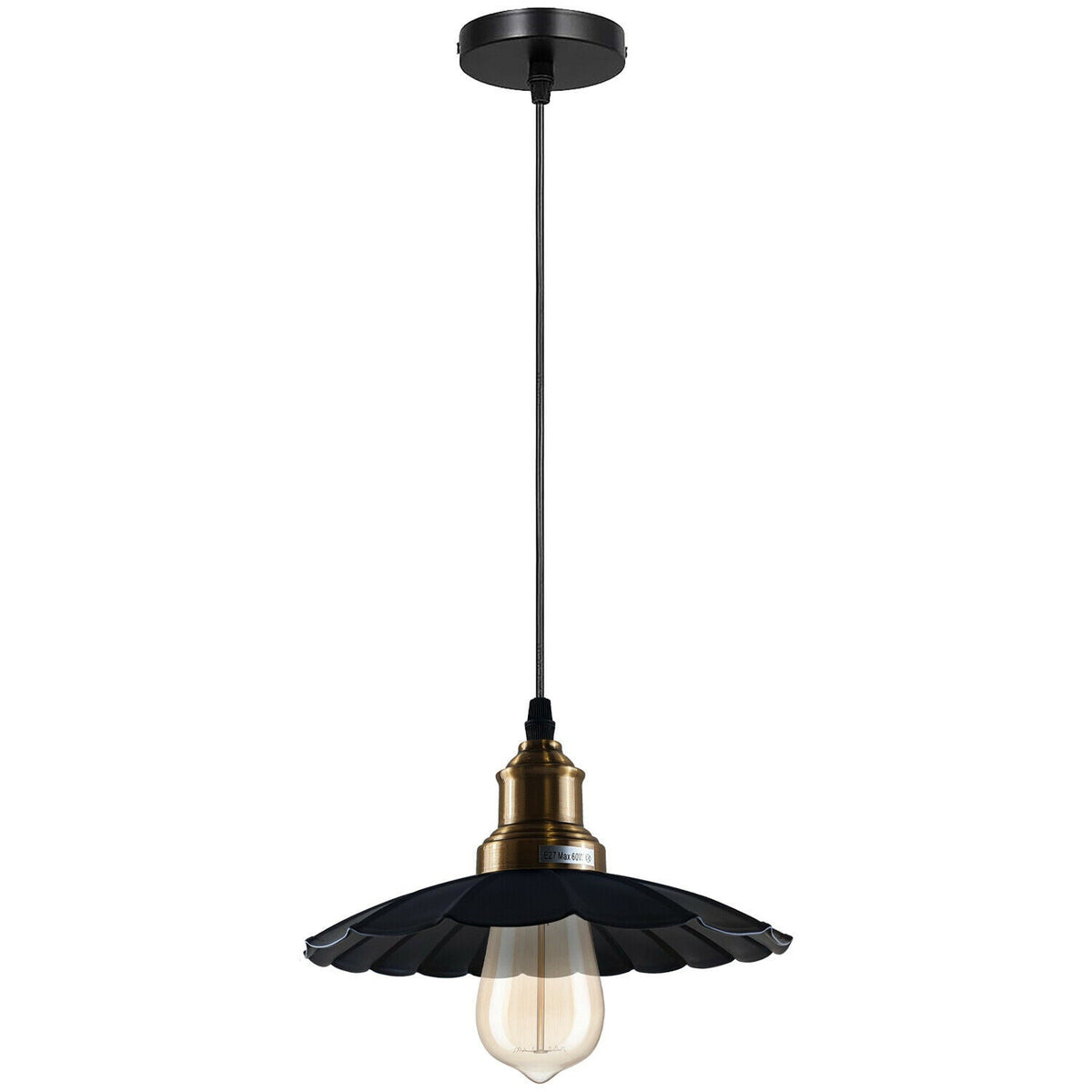 Vintage Pendant Light – E27 Holder in 6 Finishes, 60+ Shades & Cages - Yellow Brass, Lounge 22 cm Black, Without Bulb