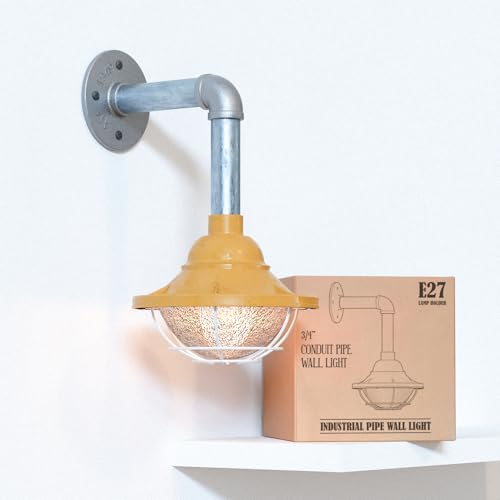 Industrial Galvanised Pipe Wall Light with Shade - Standard, Lantern Cage 17 cm Yellow, Without Bulb