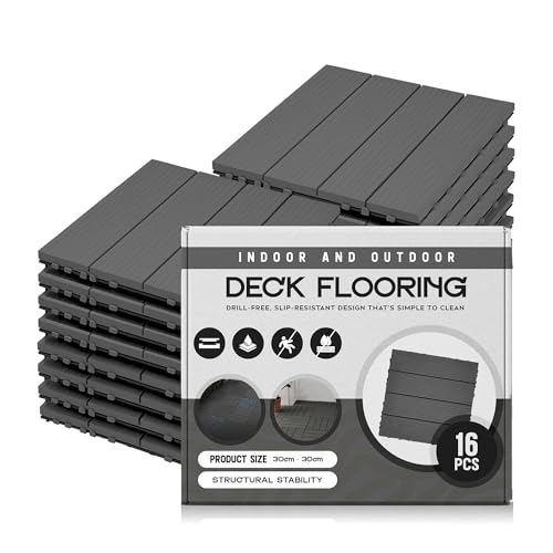 Grey PVC Interlocking Deck Tiles – 30 x 30 cm, Packs of 6, 9 or 16 - 16 Tiles