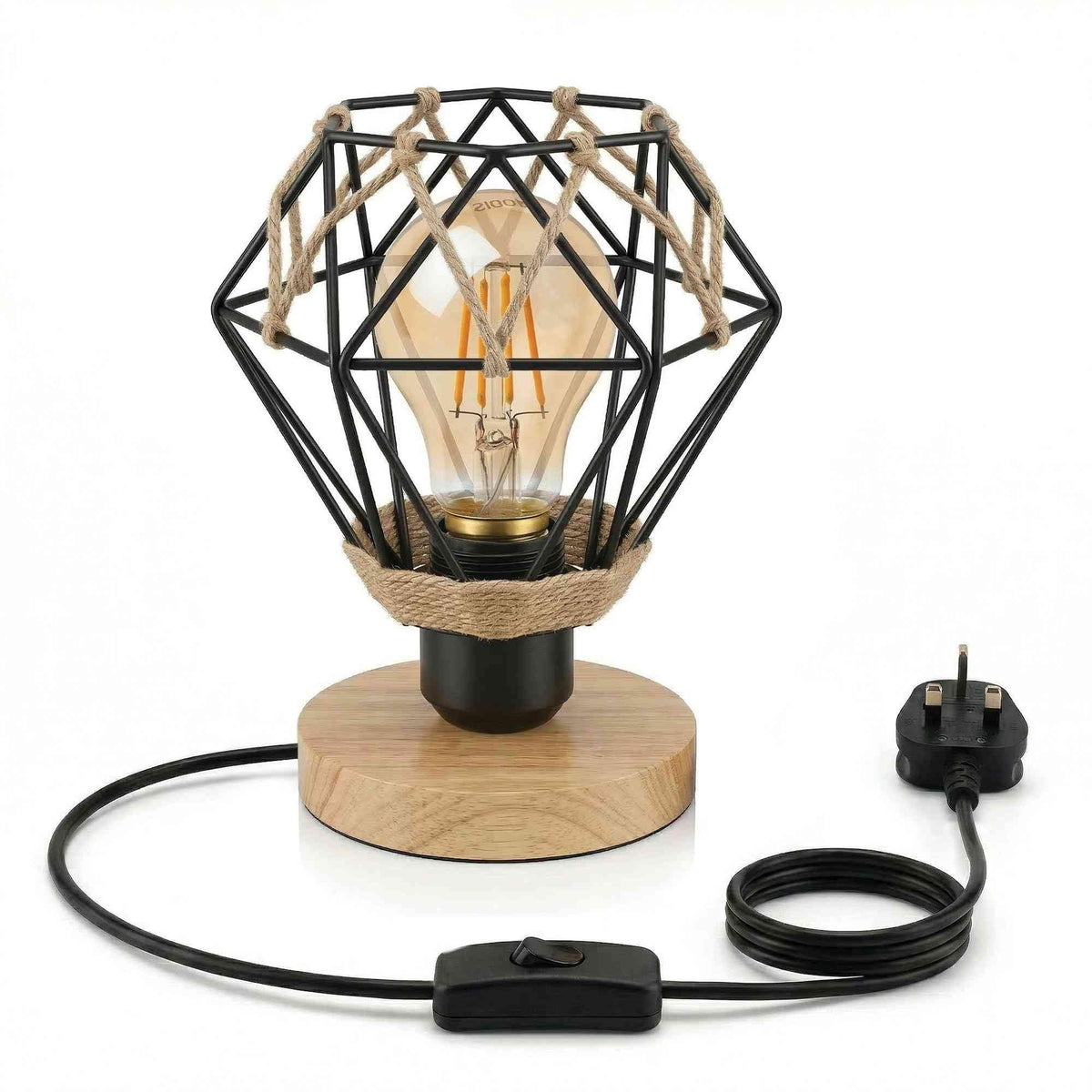 Wooden Table Lamp with Black Metal Wire Cage, E27 Plug-in Desk Light