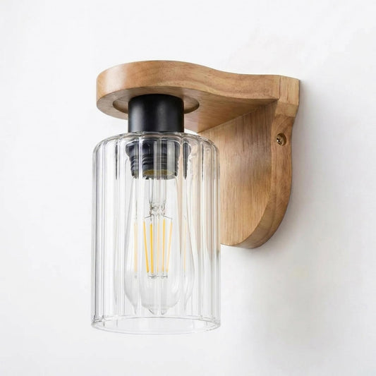 Wooden Wall Light with Glass Shade – Amber or Clear, E27 - photo 2