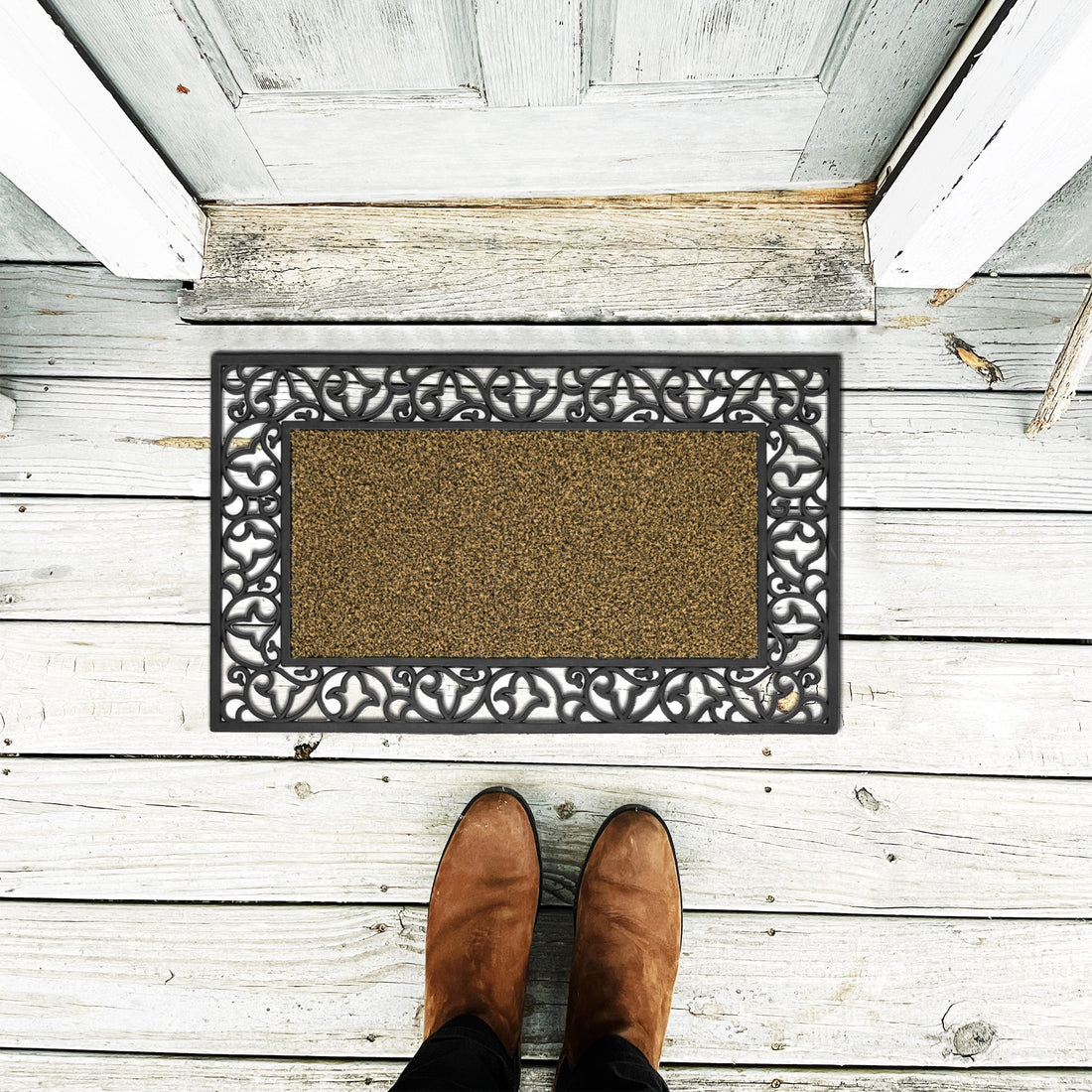 Black rubber outdoor door mat with non-slip backing