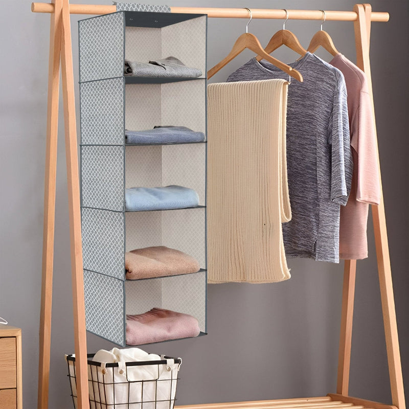 Fabric hanging wardrobe organiser with five shelves