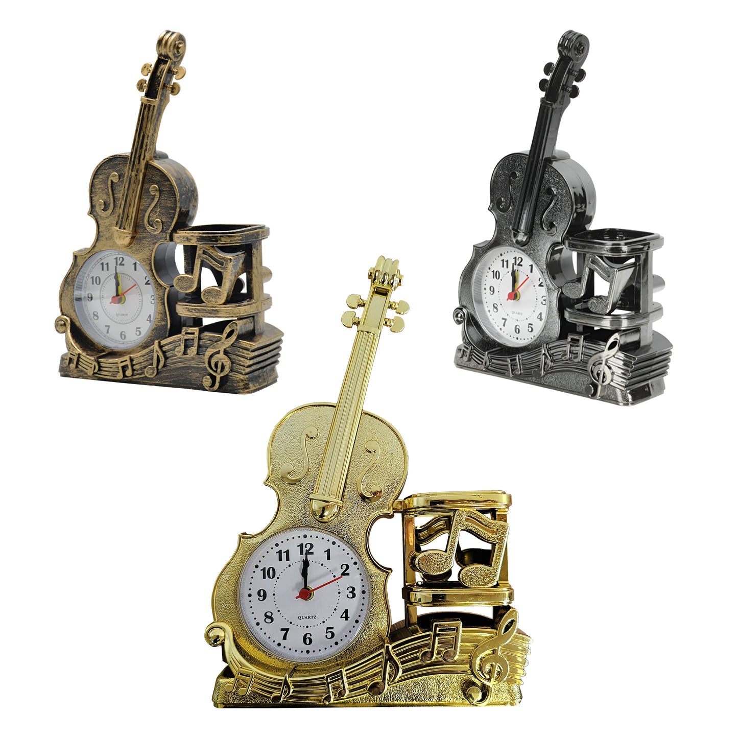 Violin Figurine Clock Pen Holder Desk Decoration