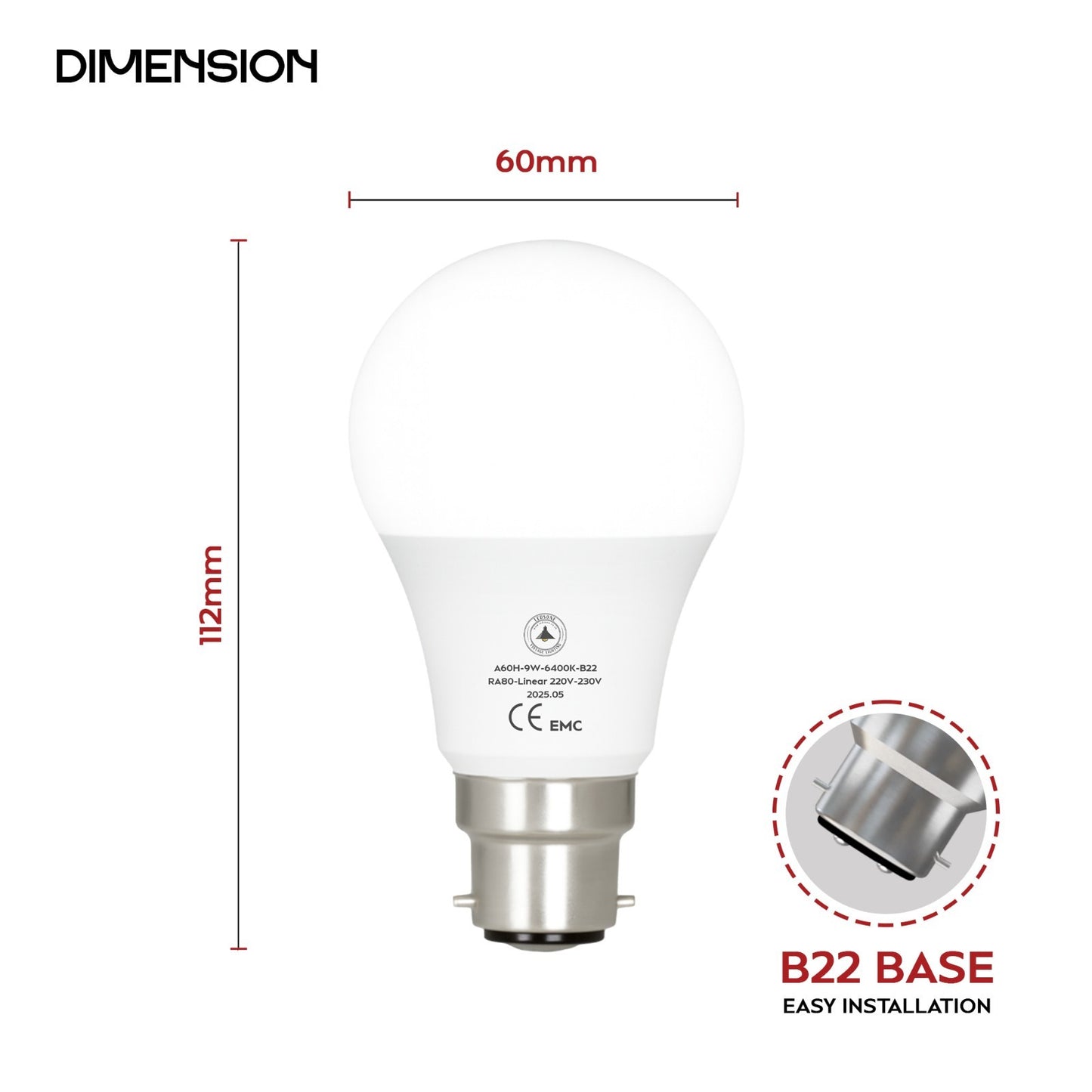 6 Pack - B22 LED Bulb SMD A60H-HP 9W Cool White 6400K Non Dimmable