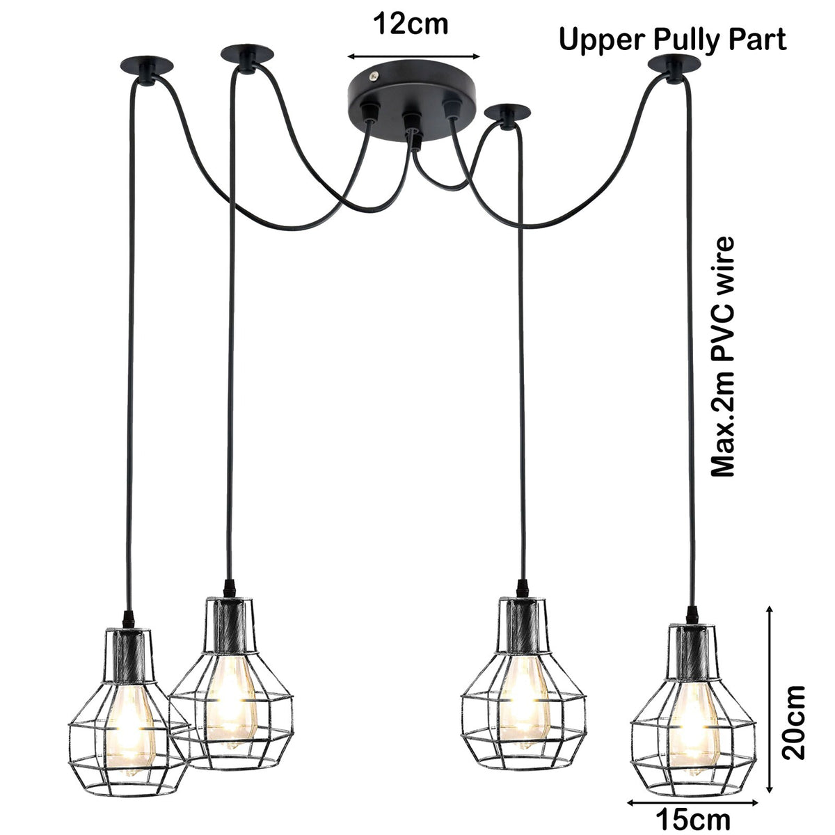 4 Light Spider Pendant – Brushed Silver Nest Cages, 2 m Cables, E27 - photo 4