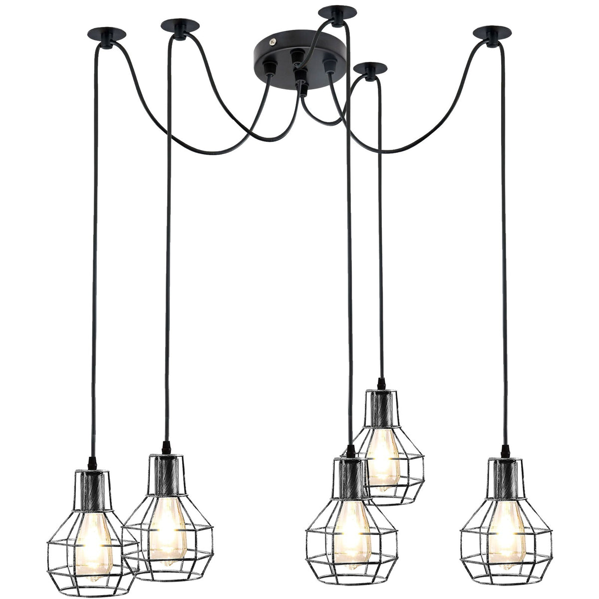 5 Light Spider Pendant – Brushed Silver Nest Cages, 2 m Cables, E27