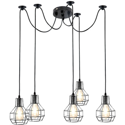 5 Light Spider Pendant – Brushed Silver Nest Cages, 2 m Cables, E27