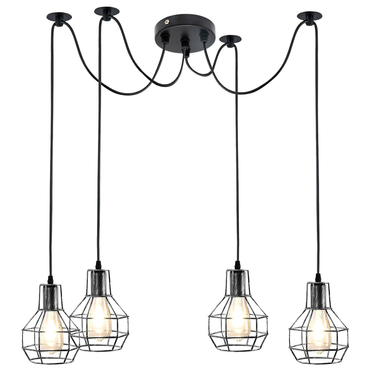 4 Light Spider Pendant – Brushed Silver Nest Cages, 2 m Cables, E27