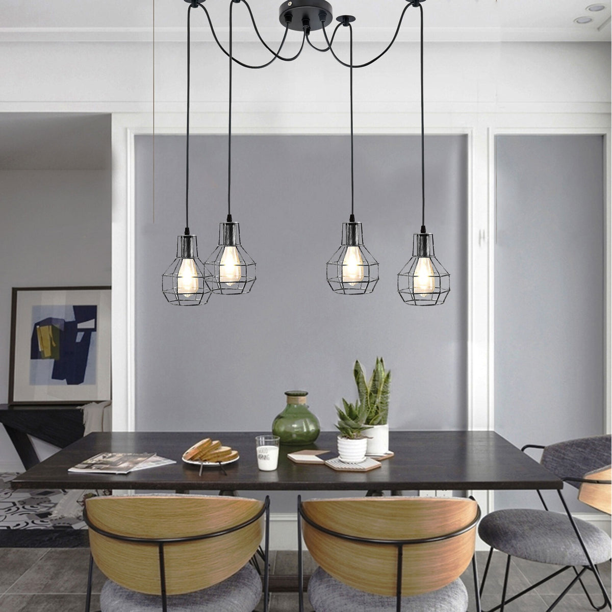 4 Light Spider Pendant – Brushed Silver Nest Cages, 2 m Cables, E27 - photo 2