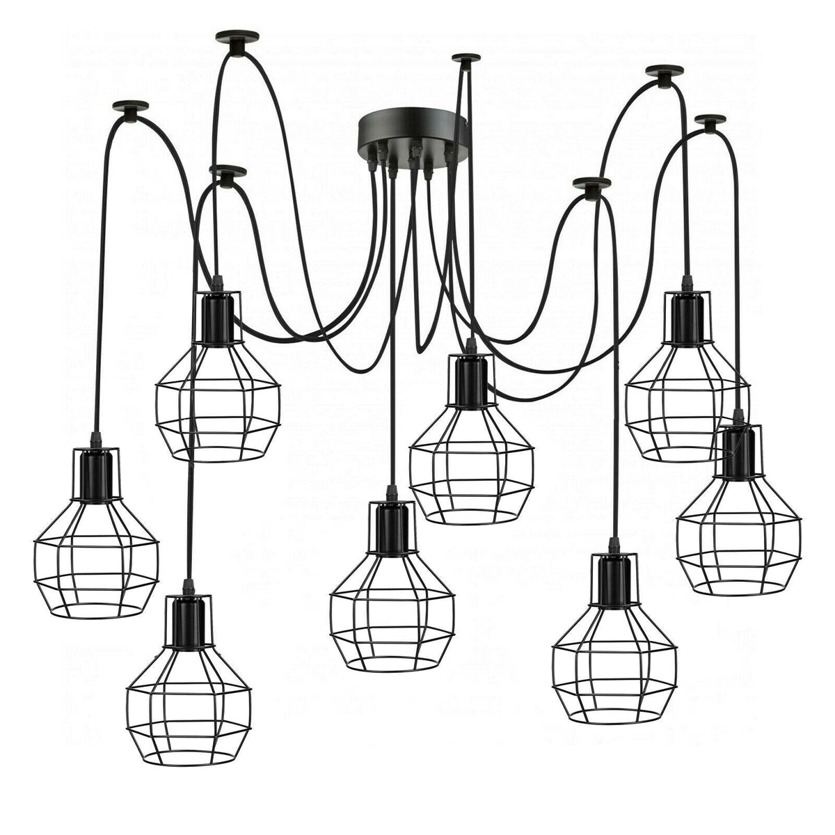 8-Light Spider Chandelier – Wire Cages, Adjustable Arms - Black, 8 Hooks, 12 cm Round Plate, Without Bulb