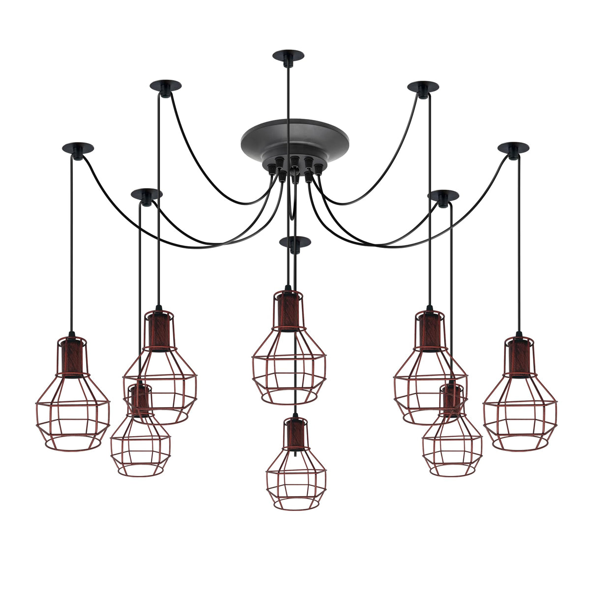8-Light Spider Chandelier – Wire Cages, Adjustable Arms - Rustic Red, 8 Hooks, 20 cm Round Plate, Without Bulb