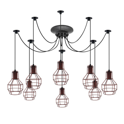 8-Light Spider Chandelier – Wire Cages, Adjustable Arms - Rustic Red, 8 Hooks, 20 cm Round Plate, Without Bulb