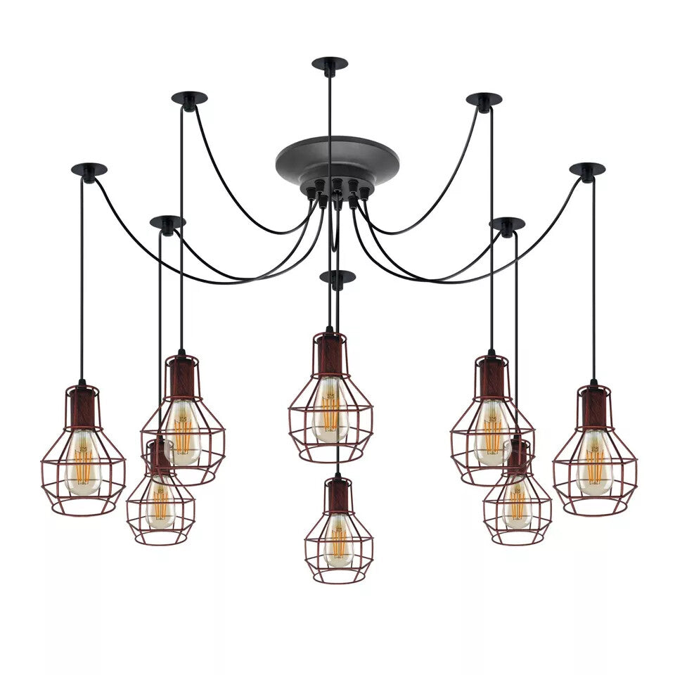 8-Light Spider Chandelier – Wire Cages, Adjustable Arms - Rustic Red, 8 Hooks, 20 cm Round Plate, Fixing Bracket and Connectors, Without Bulb