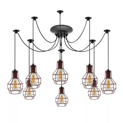8-Light Spider Chandelier – Wire Cages, Adjustable Arms - Rustic Red, 8 Hooks, 20 cm Round Plate, Fixing Bracket and Connectors, Without Bulb
