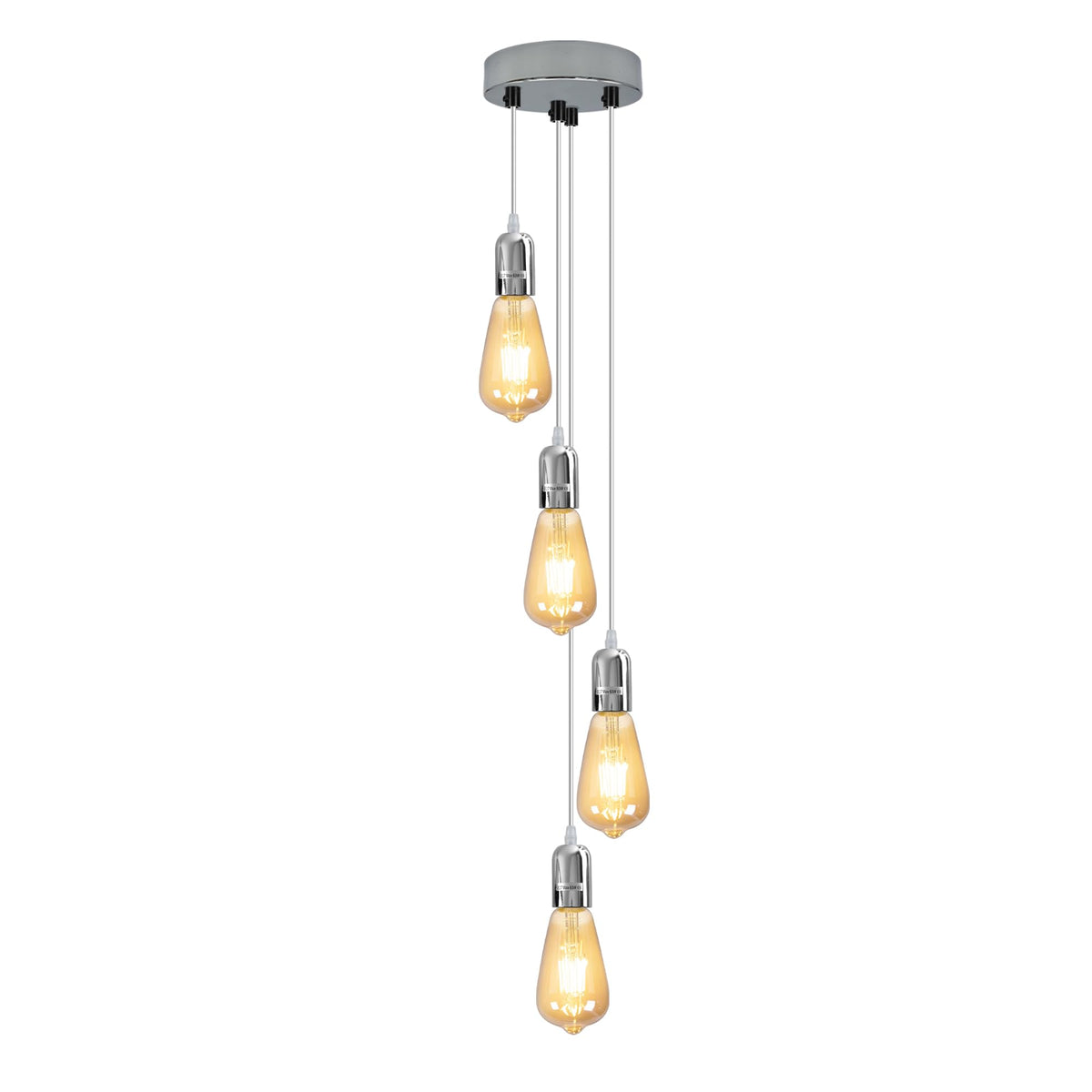 4 Light Cluster Pendant – Chrome or Satin Nickel, E27, Staggered - Chrome, No Shade, ST64 Bulb