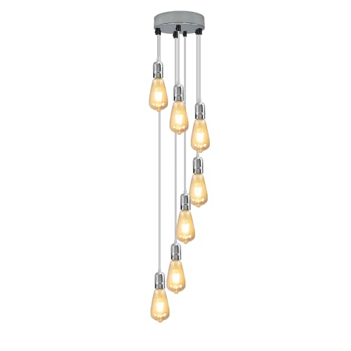 7 Light Cluster Pendant – Chrome or Satin Nickel, E27, Staggered - Chrome, No Shade, ST64 Bulb