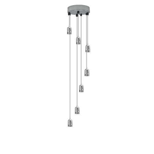 7 Light Cluster Pendant – Chrome or Satin Nickel, E27, Staggered - Chrome, No Shade, Without Bulb