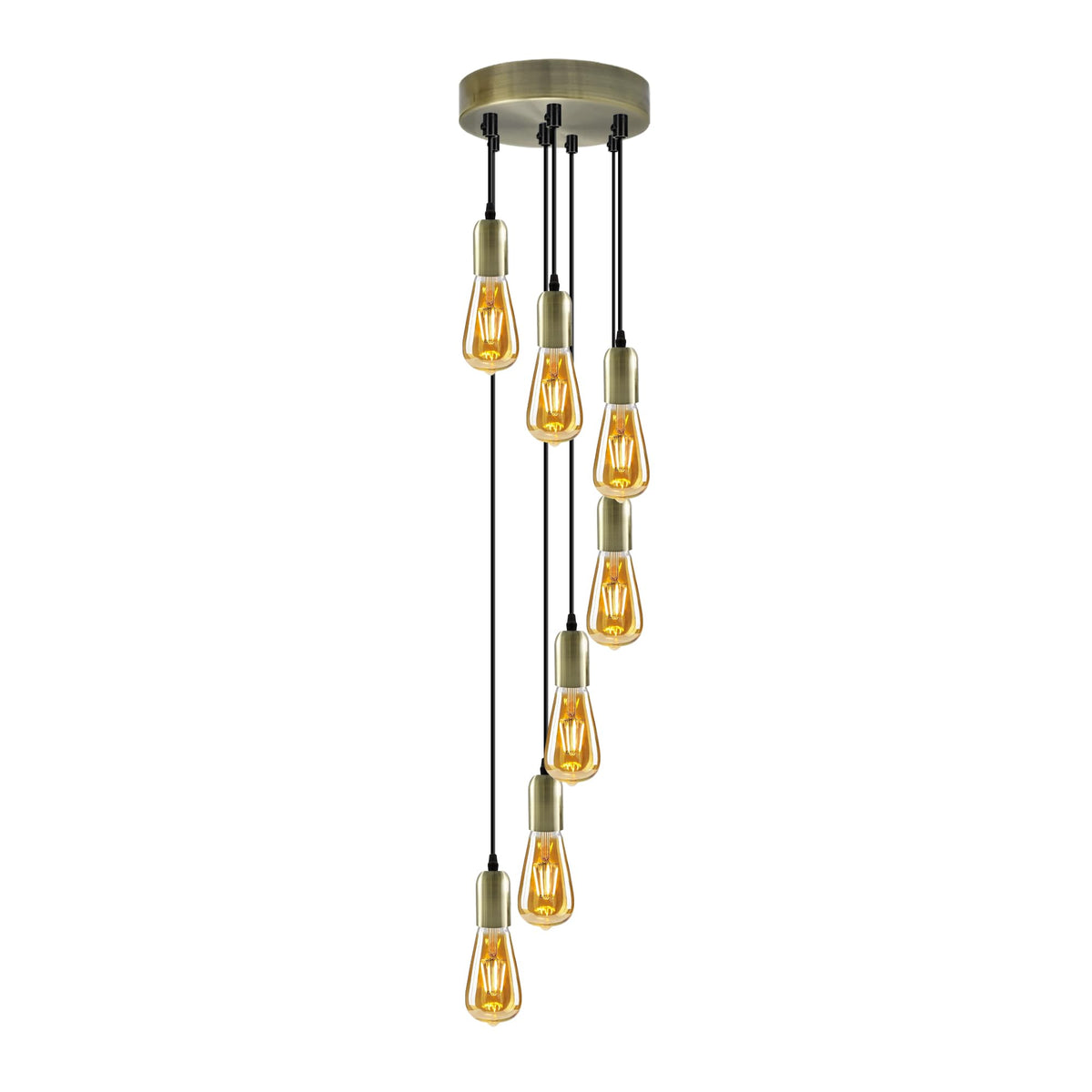 7-Light Cluster Pendant – 120 mm Rose, Adjustable Drops, E27 - Green Brass, No Shade, ST64 Bulb