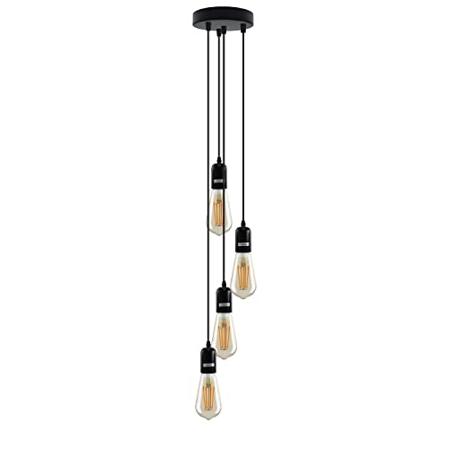 4-Light Cluster Pendant – Rose Gold, Green Brass or Matt Black, E27 - Matt Black, No Shade, 4 x ST64 Bulbs