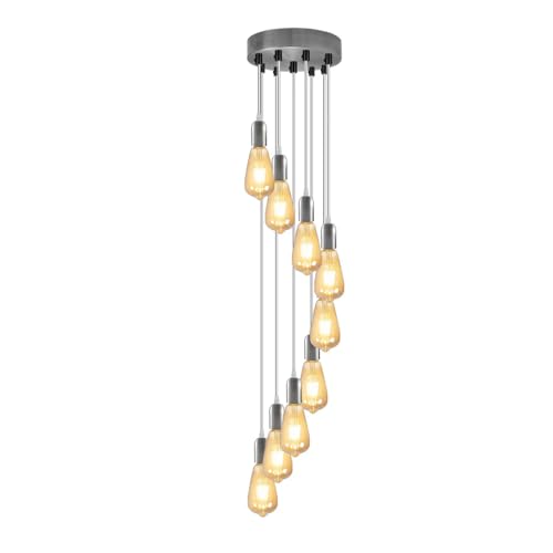 9 Light Cluster Pendant – Chrome or Satin Nickel, E27, Staggered - Satin Nickel, No Shade, ST64 Bulb