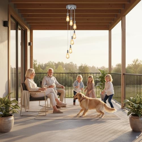 7 Light Cluster Pendant – Chrome or Satin Nickel, E27, Staggered - Satin Nickel, No Shade, Without Bulb