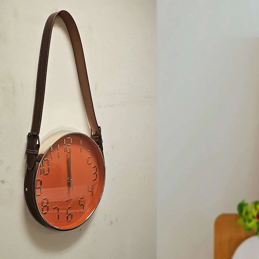 Hanging Wall Clock with Leather Strap – 30 cm, Black, Green, Orange or White - photo 11